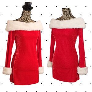 Sexy santa stretchy off shoulder faux fur dress